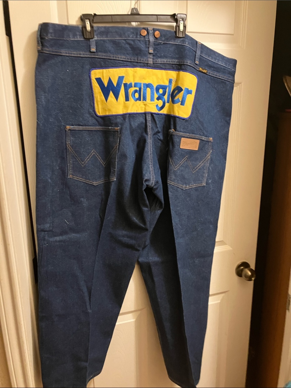 Wrangler Mens Rodeo clown Jeans with Yellow Logo Patch size 52” X 29”